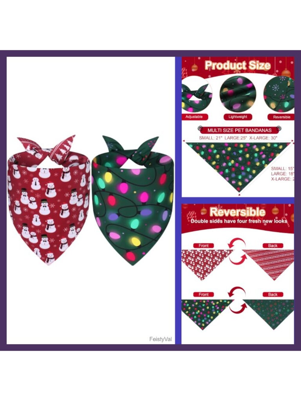 Christmas Dog Bandanas 2PCS Polyester Double-Sided Holiday Scarf